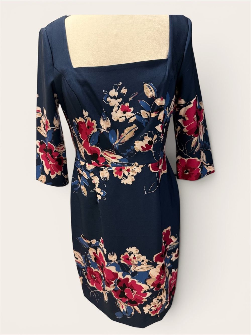 Adrianna Papell Navy Floral Midi Dress with Square Neck